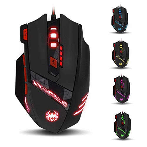 Zelotes T90 Mouse Gaming 9200 DPI, 8 Pulsanti luci LED Multimodali, Regolamento del Peso per PC Computer Portatile Gamer Ufficio – Nero