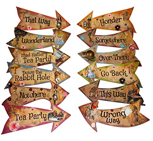 ASVP Shop® - Set di 10 cartelli a freccia a tema Alice nel Paese delle Meraviglie, stile vintage, per feste stile tè del Cappellaio Matto