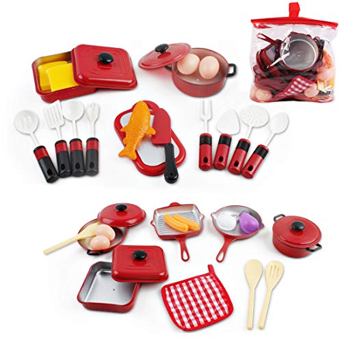deAO Set Utensili da Cucina e Cibo Giocattolo - Set di Pentole e Padelle di Imitazione Accessori da Cucina per Bambini (30 Pezzi)