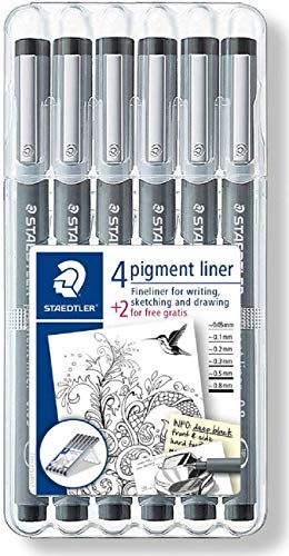 STAEDTLER penne Pigment Liner, inchiostro nero, lunga punta in metallo, larghezze da 0,05 mm a 0,8 mm, ideali per il disegno tecnico, confezione da 6 fineliner, 308 SB6P