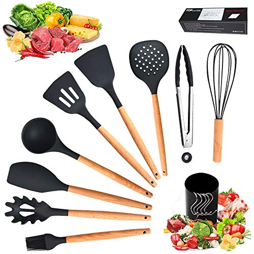 Ozvavzk 11 Pezzi Utensili da Cucina in Silicone, Set Utensili Cucina Professionali Resistente al Calore Antiaderenti, Set di Attrezzi Cucina con Manico in Legno e Contenitore e Gancio