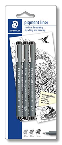 STAEDTLER penne Pigment Liner, inchiostro nero, punta in metallo, larghezza di tratto 0.1, 0.3 e 0.5 mm, set da 3 penne con punte diverse, 308S-9BK3D, 3 Pezzi