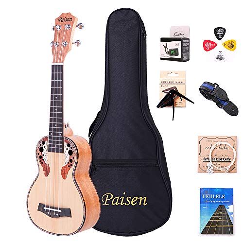 Paisen Pannello in abete rosso da 21 pollici ukulele soprano Hawaii Ukulele per principianti e bambini Invia con borsa di spessore Tuner Capo Strap Picks Set completo di accessori