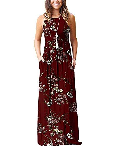 Kidsform Vestito Lungo Donna Estivo Senza Maniche Chic Maxi Dress Scollo Rotondo Floral Colore Solido Loose Floral Abito Cocktail B-Vino Rosso XL