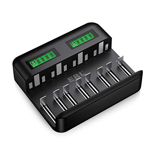 EBL Caricabatterie Universale 8 slot per AA e AAA C e D Batterie Ricaricabili con LCD Display e Porta USB,Multipla Caricabatterie con Tecnologia di Rilevamento Intelligente per Batterie Ricaricabili