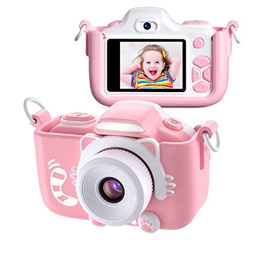 Kriogor Macchina Fotografica Bambini, Fotocamera Digitale Selfie per Bambini con Dual Lens/ 12 Megapixel/ 1080P Videocamera/ LCD da 2 Pollici/ Scheda TF da 256M (Rosa)