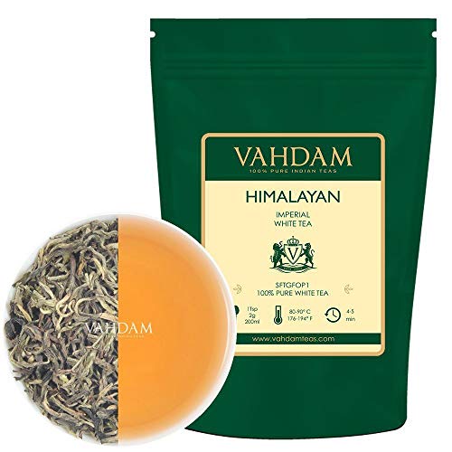 Tè bianco imperiale dell’Himalaya in foglie – Il tè più sano al mondo, ricco di POTENTI ANTIOSSIDANTI, raccolto fresco a mano nel da piantagioni di alta quota, floreale e invitante, 25 Tazze