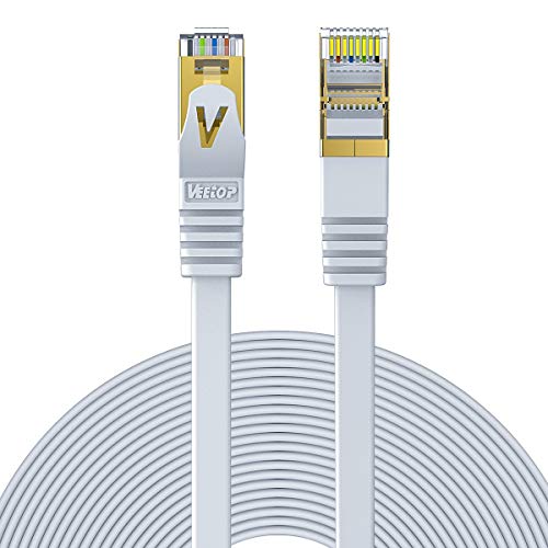Veetop Cat 7 RJ45 Piatto | 50m | Cavo Ethernet LAN, velocità STP 10 GB/s, Bianco