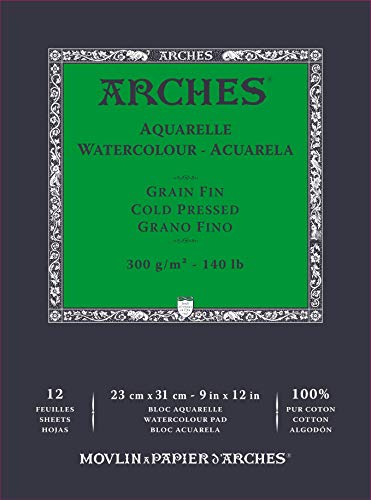 Arches - Carta per acquerello, 12 fogli, gommata, 1 lato, grana fine, 300 g/mq, 23 x 31 cm