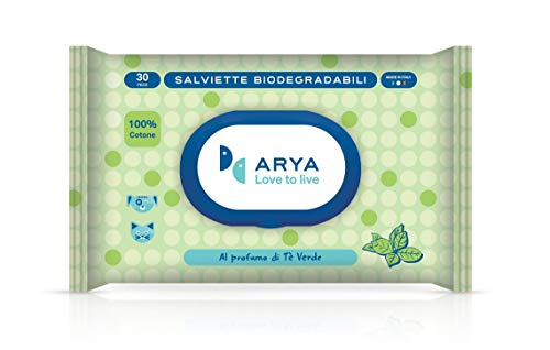 Arya Salviette Biodegradabili di Cotone da 30 Pz per Cani E Gatti, tè Verde