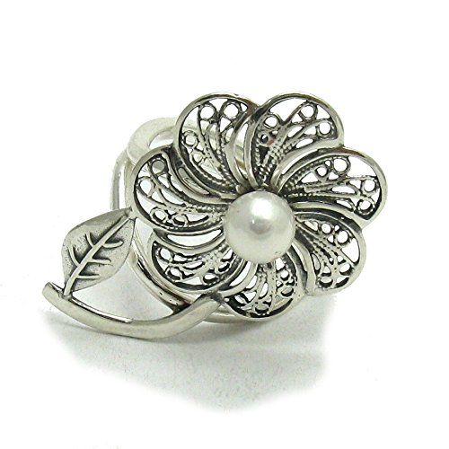 Anello da donna in Argento 925 Fiore con 8mm perla misura regolabile R001456