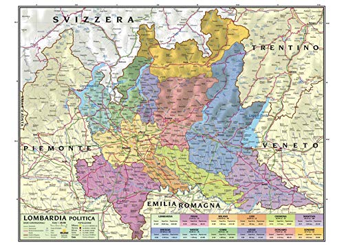 Carta geografica murale regionale Lombardia 100x140 bifacciale fisica e politica