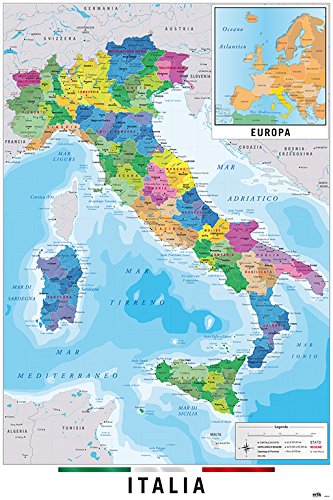 Grupo Erik GPE5125 Poster Mappa Italia Fisico Politico, carta, Multicolore, 91 x 61,5 x 0,1 cm