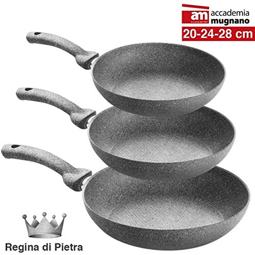 Accademia Mugnano - Set 3 Padelle in Pietra Antiaderenti Professionali Regina di Pietra Heart Stone (3 Pezzi) Made in Italy (Set Completo 20/24 / 28 cm) (Grigio 20-24-28 cm)
