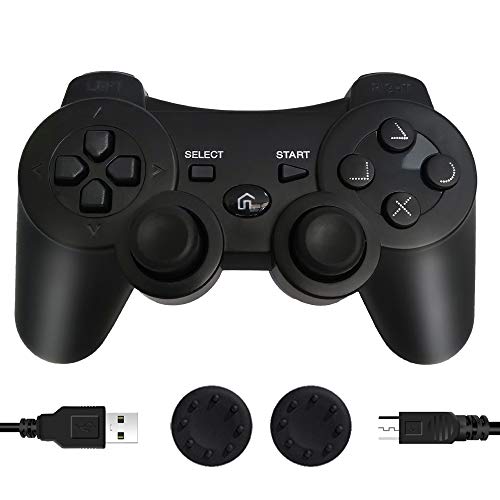 PS3 Controller, Wireless Bluetooth Gamepad Double Vibration Six-Axis Remote Joystick for Playstation 3 with Charging Cord (Black)