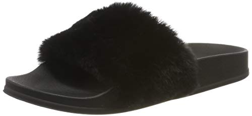 APIKA Pantofola di pelliccia del Faux Flop delle donne Fuzzy Fluffy Comfy Sliders Aprire la punta Slip on(EU38 nero)