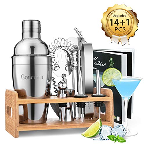 Godmorn Cocktail Shaker Set,14 + 1 pezzi Kit da Barman in Acciaio Inox,Set di strumenti Bar,550ml Shaker con Accessori, supporto Bamboo aggiornato + spazzola pulita, ricetta