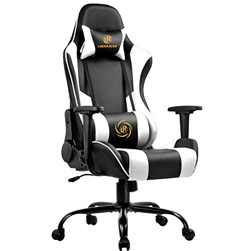 LUCKRACER Sedia Gaming Ufficio da Scrivania Poltrona Ergonomica Sedie da Gaming Girevole con Rotelle, Altezza Regolabile e Supporto Lombare, Bianco