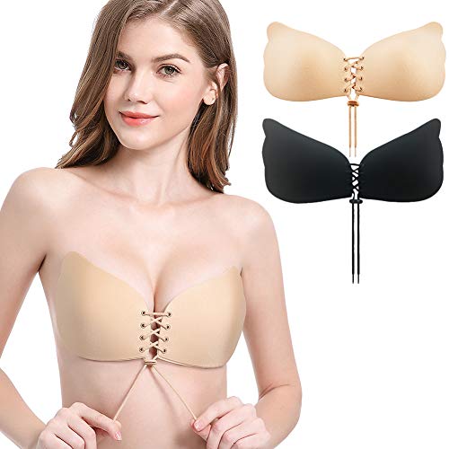 CtopoGo 2 Pack Reggiseno Invisibile Bra Adesivo in Silicone Push Up Senza Spalline,Reggiseni Adesivi da Donna con Coulisse,Autoadesivo Invisibile Reggiseno Gel Riutilizzabile (D, Nero + Rosa)