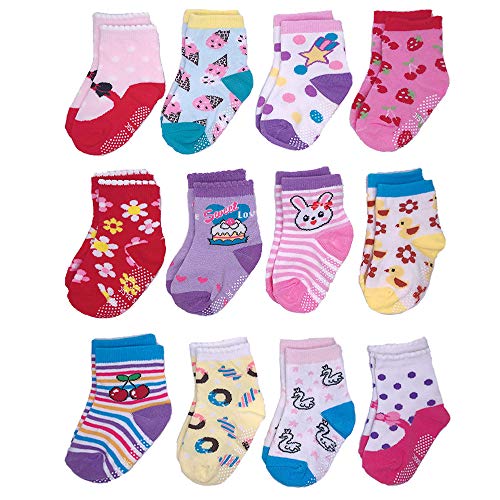 Yafane 12 Paia Calzini Bambina Neonato Ragazza Antiscivolo Cotone Calze per Ragazze Bambine 1-5 Anni (Rosa A, 3-5 Anni)