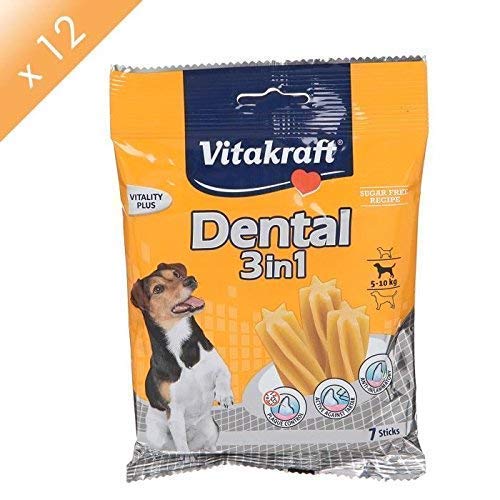 Vitakraft Dental - Sacchetto per la cura dei denti, 3 in 1, per cani da 5 a 10 kg, 12 x 7 bastoncini