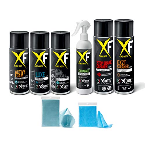 Kit Pulizia moto Xforte Prodotti Per Passioni, senz'acqua e senza risciacquo, panni F-CLEAN inclusi