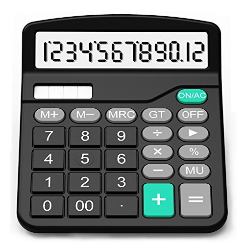 Calcolatrice, Splaks Standard Calcolatrice da Tavolo Funzionale Sola e AA Batteria con 12 Cifre（NERO）