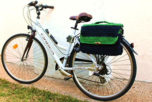 Bisaccia doppia all'uncinetto per borsa bici convertibile. Blu e verde