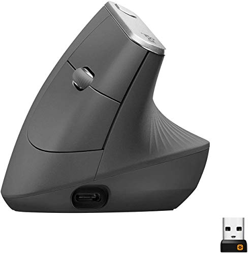 Logitech MX Mouse Verticale Wireless Ergonomico, Multi-Dispositivo, Bluetooth o 2.4 GHz Ricevitore USB Unifying, Rilevamento Ottico Avanzato 4000 DPI, 4 Pulsanti, Ricarica Rapida, PC/Mac/iPadOS, Nero