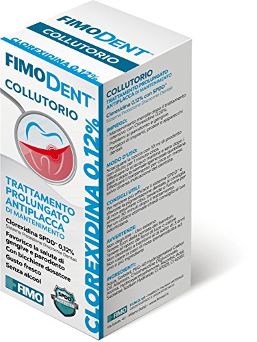 Fimodent Collutorio alla Clorexidina 0.12% con SPDD (Sistema Protezione Discromie Dentali) e gradevole gusto menta. Trattamento antiplacca e antibatterico prolungato