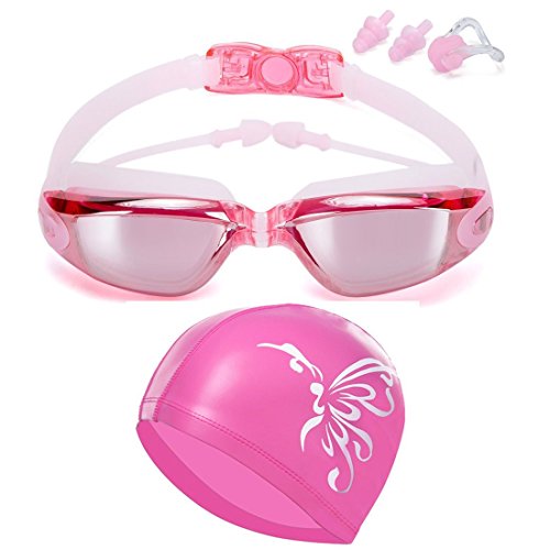 Occhialini Nuoto + Cuffia Nuoto, Silicone Occhialini Nuoto a Specchio Anti Appannamento, Anti UV, Gratis Clip per Naso & Tappi per Orecchie, per Adulti, Uomini, Donne, Ragazza e Bambino (Pink)