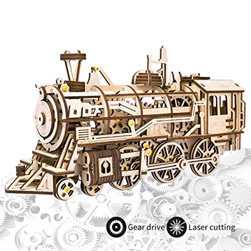 ROKR Laser Cutting 3D Puzzle in Legno Modello di Locomotiva Artigianale con Ingranaggi Meccanici: i Migliori Giocattoli per Ragazzi e Ragazze (Locomotive)