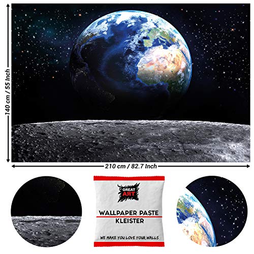 GREAT ART Photo Carta da Parati – Pianeta terra dallo spazio –Decorazione Mondo Earth Luna Galassia Universo Cosmo Space Globo Terrestre Stelle – 210 x 140 cm 5 pezzi e colla