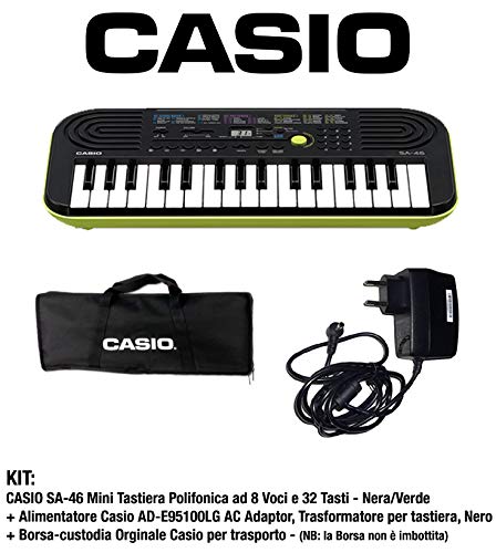 Casio SA-46 - Mini Tastiera polifonica 8 Voci e 32 tasti Nera/Verde + Borsa Custodia per Trasporto (non imbottita) Originale Casio + Casio AD-E95100LG AC Adaptor, Alimentatore per tastiera, Nero/Verde