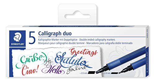 STAEDTLER penna a punta sintetica a due punte colorata Calligraphy Markers, ideale per scrittura artistica e calligrafia, confezione da 5, 3002 C5