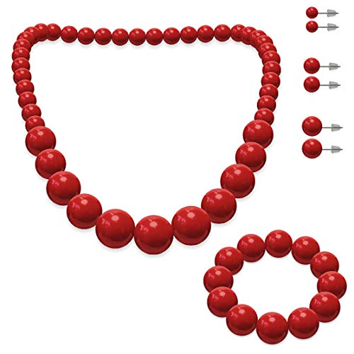 SoulCats® Set di Gioielli, Collana di Perle, Bracciale di Perle e 3 Paia di Orecchini, Colore: Rosso