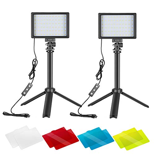 Neewer 2 Kit d’Illuminazione Portatili Luce 66 LED Dimmerabile 5600K a USB con Mini Treppiedi Regolabile & Filtri Colorati, per Riprese Video da Tavolo Angolo Basso