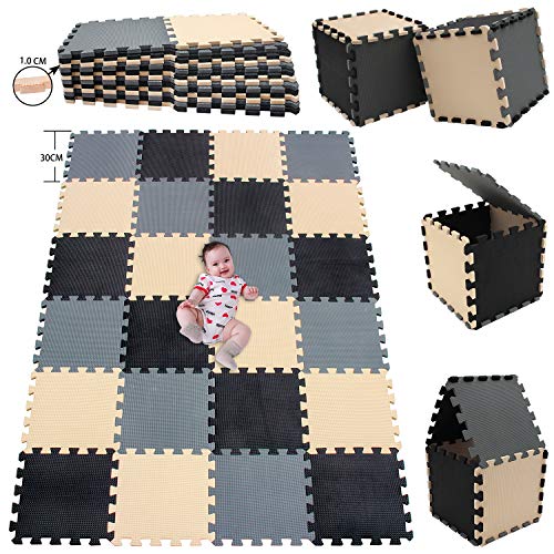 MSHEN 24 Foglio Tappeto Puzzle con Certificato CE e Certificazione in Soffice Schiuma Eva | Tappeto da Gioco per Bambini | Tappetino Puzzle...dimensione1.94 mq,nero-beige-grigio-DJLg24