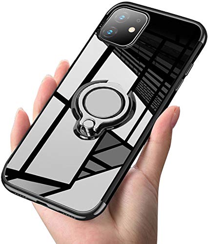 kadixini Custodia Cover per iPhone 11 Trasparente Morbido TPU Protettivo Sottile Chiaro Case 360° Ring Regolabile Anello Magnetica Supporto Silicone Custodia Antiurto Compatibile con iphone11 Nero