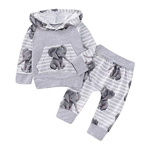 Kfnire T-Shirt Top + Pantaloni Completi per Bambina con Felpa Rosa Leopardata Neonata (3-6 Mesi, Elefante Grigio)