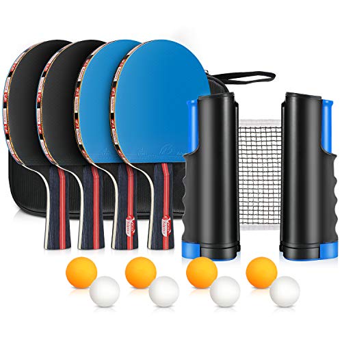 XDDIAS Racchetta Ping Pong, Portatile Set da Ping Pong con 4 Racchette + 8 Palline +1 Regolabile Rete per attività all'aperto al Coperto