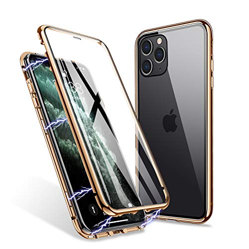 ZHIKE Custodia per iPhone 11 PRO, Caso Adsorbimento Magnetico Anteriore e Posteriore in Vetro Temperato Copertura a Schermo Intero Flip Cover di Design a Un Pezzo per Apple iPhone 11 PRO (Dorato)