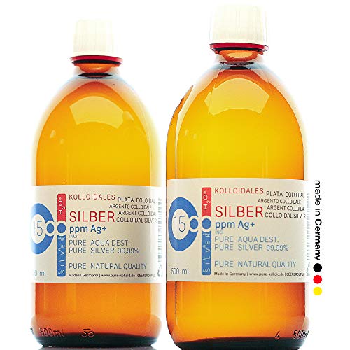 PureSilverH2O 1000ml Argento colloidale - 2 Bottiglie da 500 ml/15 ppm Argento colloidale - 99,99% Puro Argento - Migliore qualità - Made in Germany