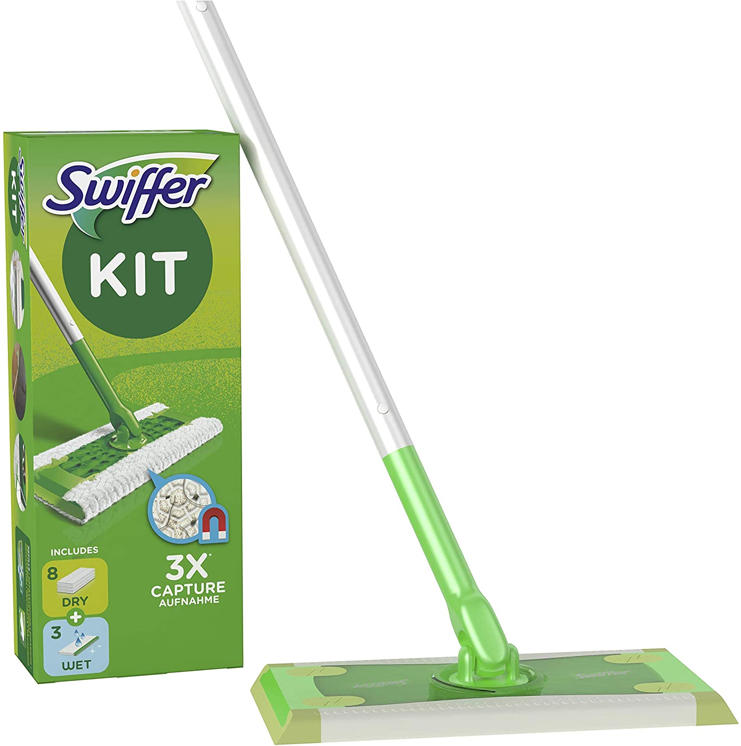 Swiffer Starter Kit Scopa con 1 Manico, 8 Panni Asciutti e 3 Panni Umidi, per Catturare e Intrappolare la Polvere