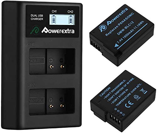 Powerextra 2 Batterie di Ricambio da Panasonic DMW-BLC12 da 1500mAh e 1x doppio caricatore per Panasonic Lumix DMC-FZ200 DMC-FZ1000 DMC-FZ2000 2500 DMC-G5 DMC-G6 DMC-G7 DMC-GX8 DMC-G85