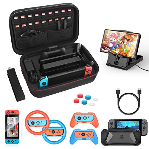 HEYSTOP Kit Accessori 12 in 1 per Nintendo Switch, Include Custodia da Trasporto, Cover Protettiva in TPU, Joycon Grip e Volante, Pellicole Protettive, Supporto Regolabile, Thumb Grip, Cavo USB (Nero)