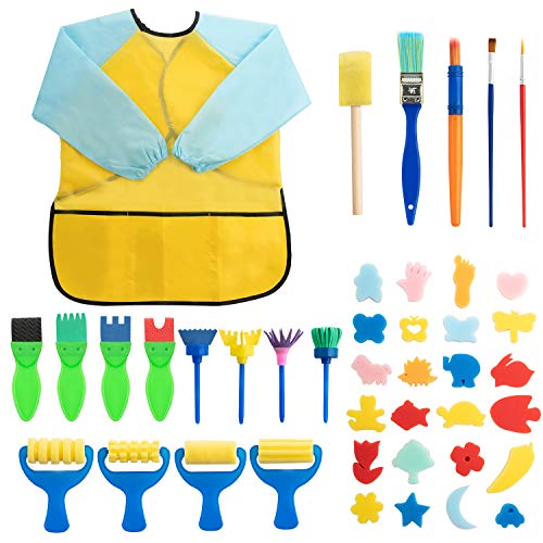 Surplex Kit di 42 Strumenti educativi Spugna da Pittura per Bambini, Apprendimento Precoce Spugna Kit di pennelli per Pittura per Bambini Spazzole Pittura Fai da Te Pennelli Artigianali e Grembiule