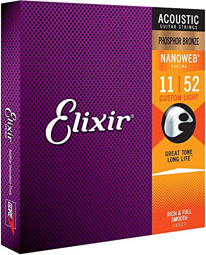 Elixir 16027 Nanoweb Set da 6 Corde per Chitarra Acustica - Phosphor Bronze - Custom Light: 011-052