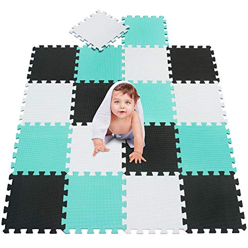 MSHEN Tappeto Puzzle con Certificato CE e Certificazione in Soffice Schiuma Eva | Tappeto da Gioco per Bambini | Tappetino Puzzle...dimensione1.62 mq,bianco-nero-turchese-010408g18