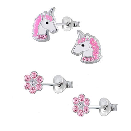 Five-D, 2 paia di orecchini per bambini, a forma di unicorno e fiore, in argento 925 e cristalli, con cofanetto e Argento, colore: Cristalli rosa glitterati., cod. set363-V